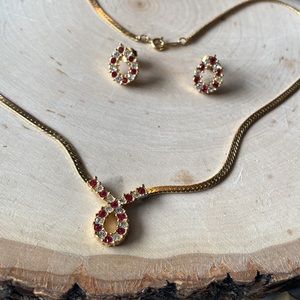 Vintage- ‘80s Ruby & Clear Crystal Demi-Parure Necklace & Earring Set